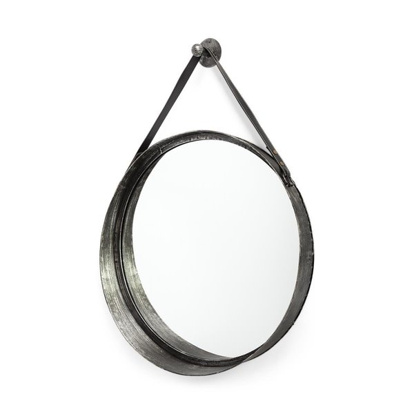 Homeroots 30 in. Round Black Metal Frame with Leather Strap Wall Mirror 376375